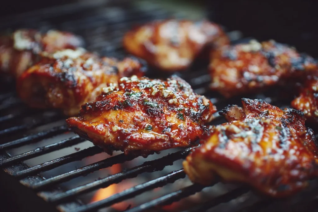 Grilled BBQ chicken thighs on a plate, garnished with fresh herbs.
