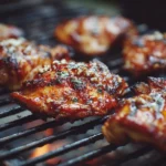 Grilled BBQ chicken thighs on a plate, garnished with fresh herbs.