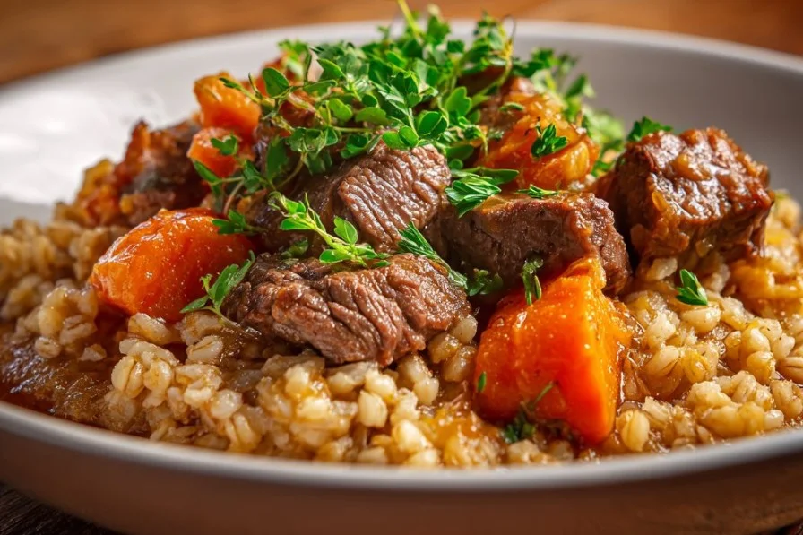 Delicious Beef and Barley Stew served in a rustic bowl with fresh herbs
