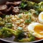 A bowl of Beef and Broccoli Ramen topped with fresh vegetables and herbs