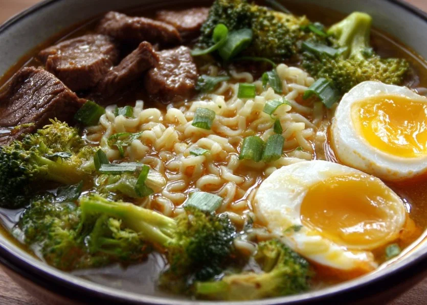 A bowl of Beef and Broccoli Ramen topped with fresh vegetables and herbs