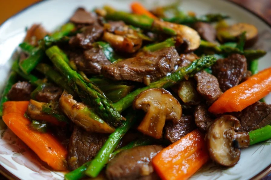 Delicious beef and mushroom stir-fry served on a plate