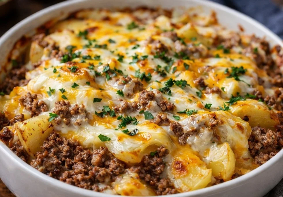Delicious Beef and Potato Casserole baked and served in a casserole dish.