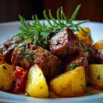 A savory plate of beef and potatoes served with herbs and vegetables.