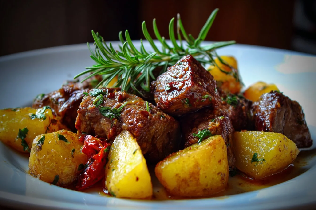 A savory plate of beef and potatoes served with herbs and vegetables.