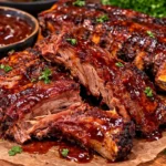 Deliciously cooked beef back ribs served with barbecue sauce