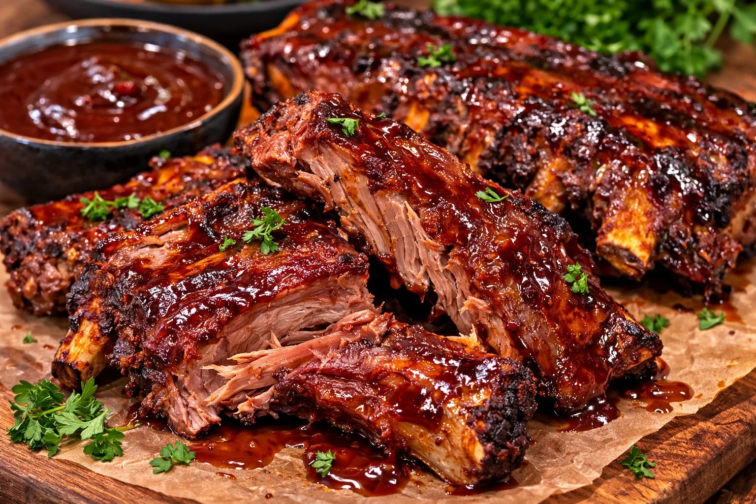 Deliciously cooked beef back ribs served with barbecue sauce