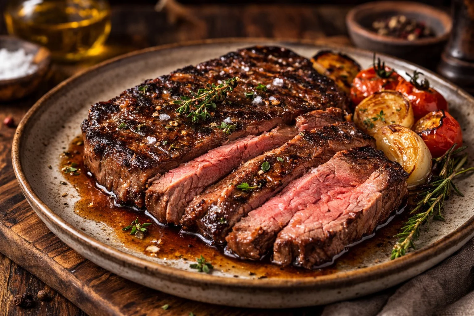 Cooked Beef Bottom Round Roast served with vegetables on a plate