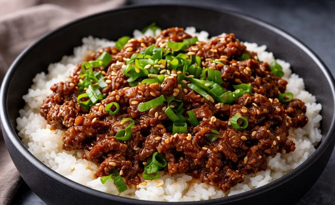 Delicious Beef Bowl topped with tender beef slices over fluffy rice
