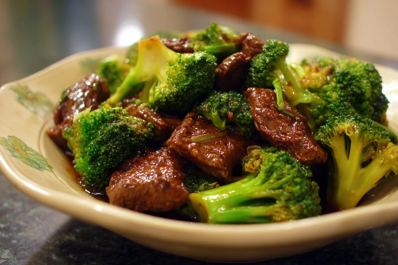 Beef Broccoli dish with tender meat and fresh broccoli in a savory sauce.