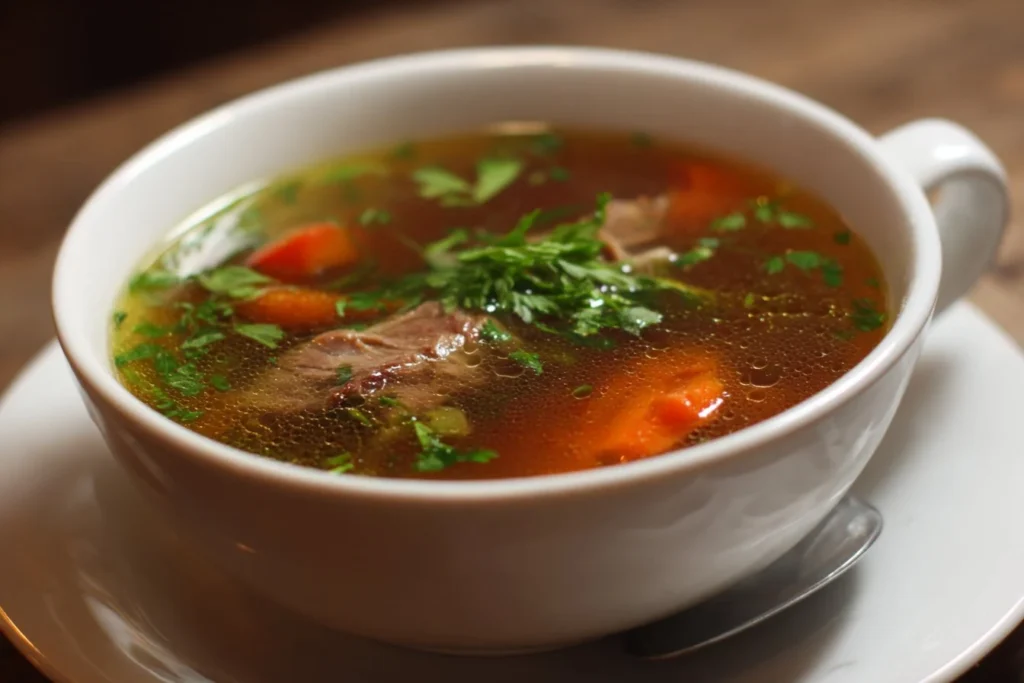 Bowl of savory beef broth soup garnished with fresh herbs and vegetables