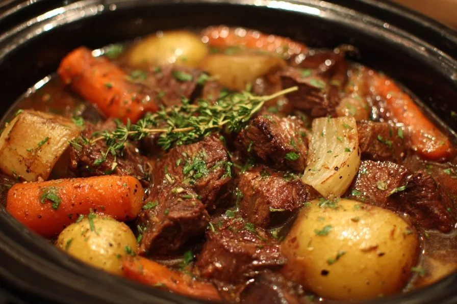 A delicious beef crockpot meal ready to be enjoyed, featuring tender meat and rich sauce.
