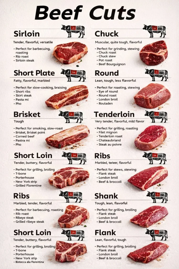 Variety of beef cuts displayed on a wooden board