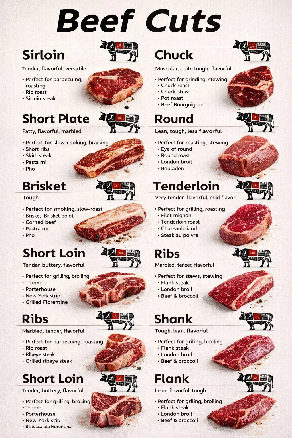 Variety of beef cuts displayed on a wooden board