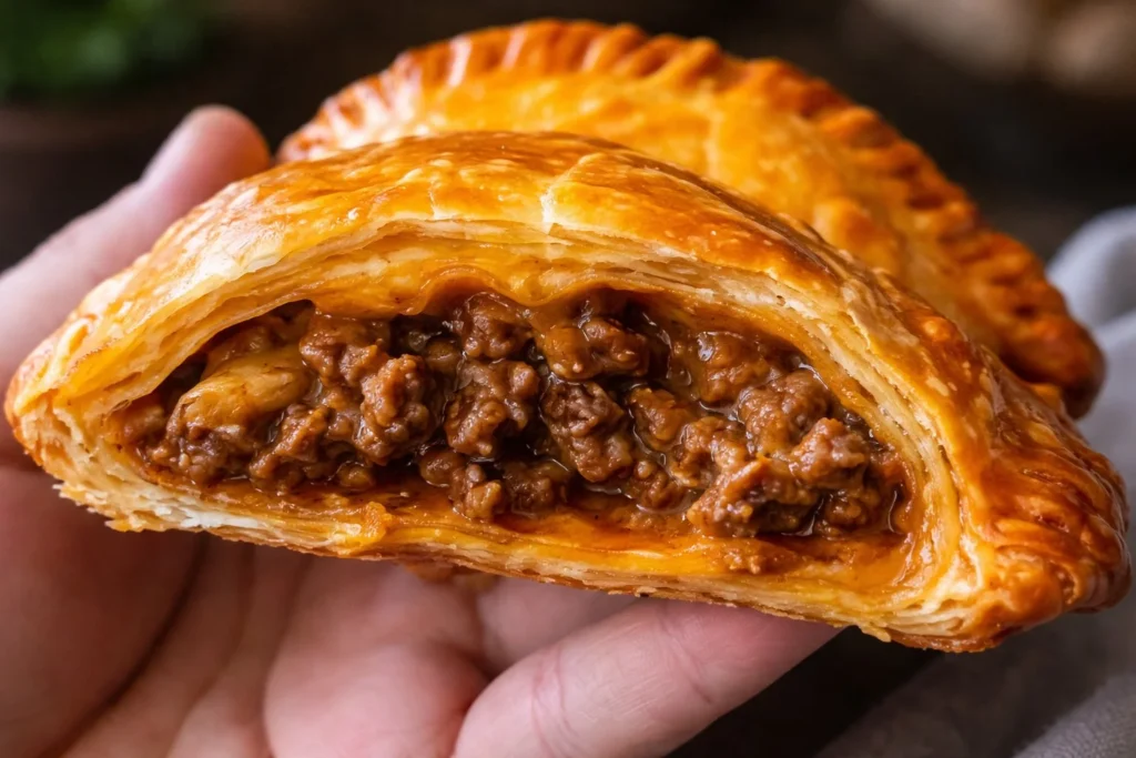 Delicious homemade beef empanadas on a wooden table