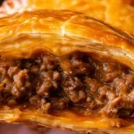 Freshly baked beef empanadas on a wooden serving board