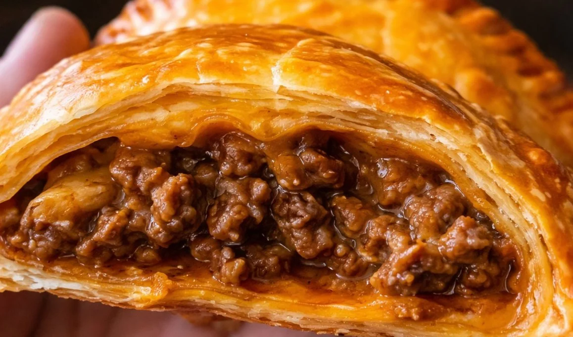 Freshly baked beef empanadas on a wooden serving board