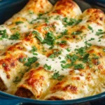 Delicious beef enchiladas topped with creamy white sauce on a plate