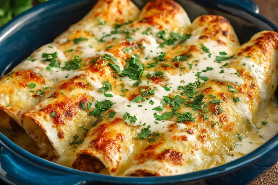 Delicious beef enchiladas topped with creamy white sauce on a plate