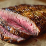 Grilled Beef Flank Steak served with herbs and spices on a wooden board.