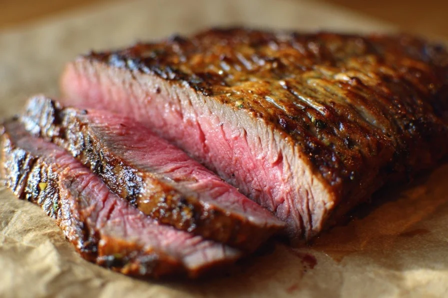 Grilled Beef Flank Steak served with herbs and spices on a wooden board.