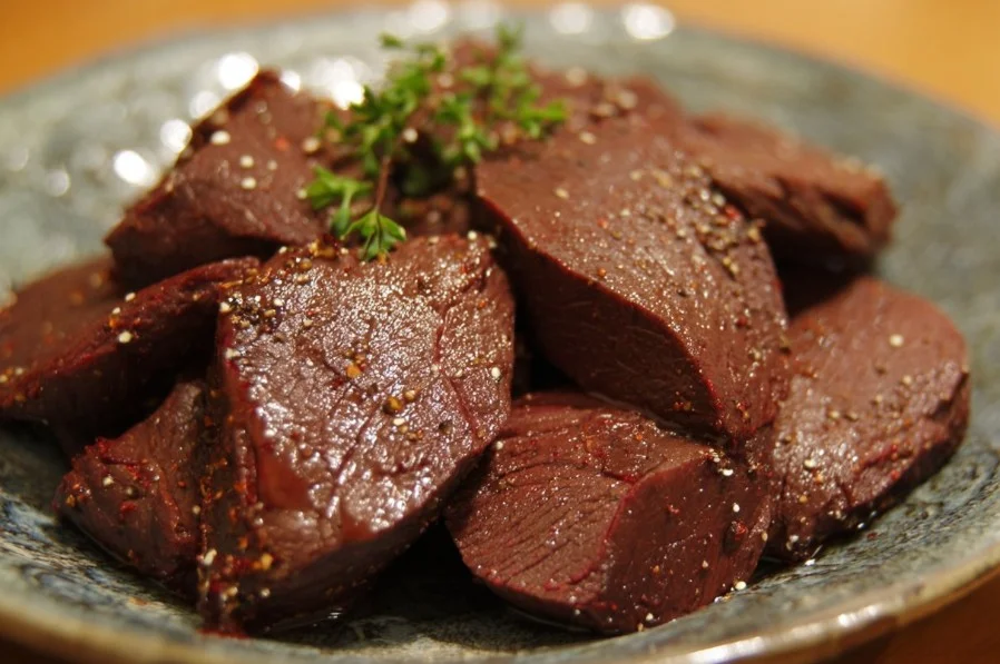 Cooked beef heart dish garnished and ready to serve