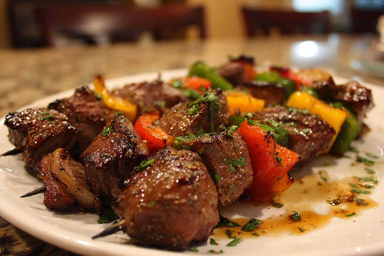 Marinated beef kabob grilling on skewers