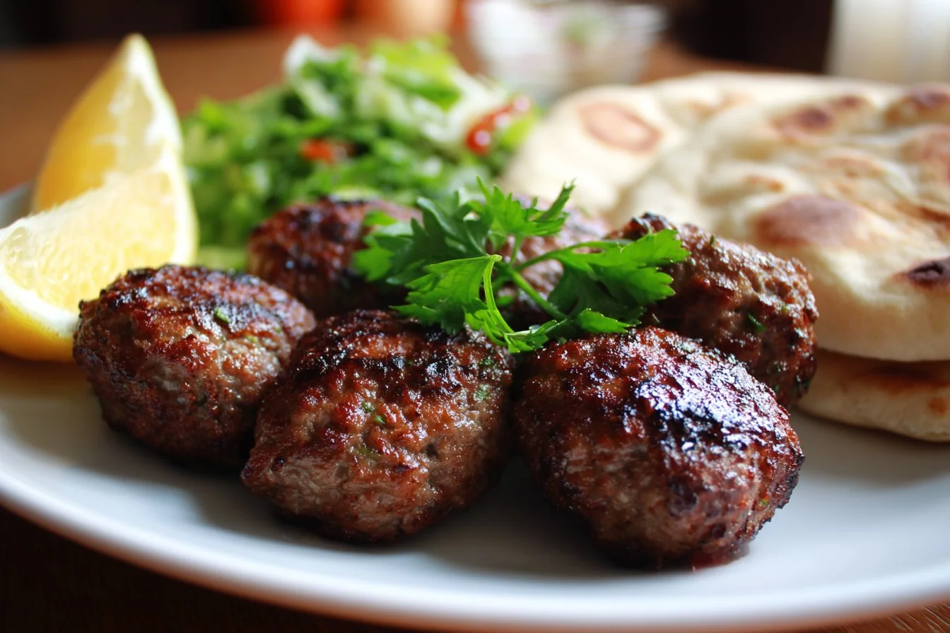 Delicious Beef Kofta meatballs served with sauces and garnishes.
