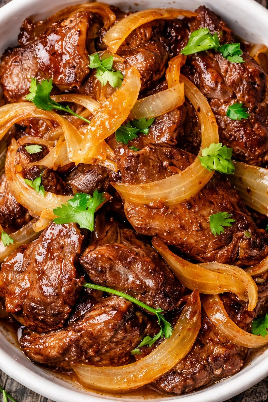Plate of cooked beef liver garnished with herbs.