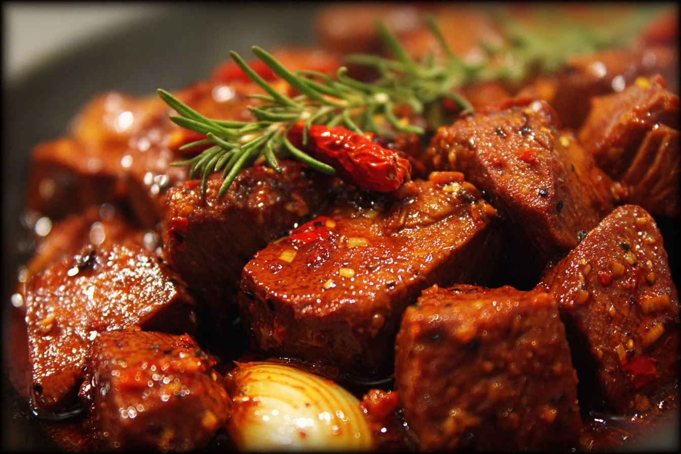 Delicious beef marinated in a flavorful marinade before grilling.