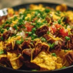Delicious beef nachos topped with cheese, jalapeños, and salsa