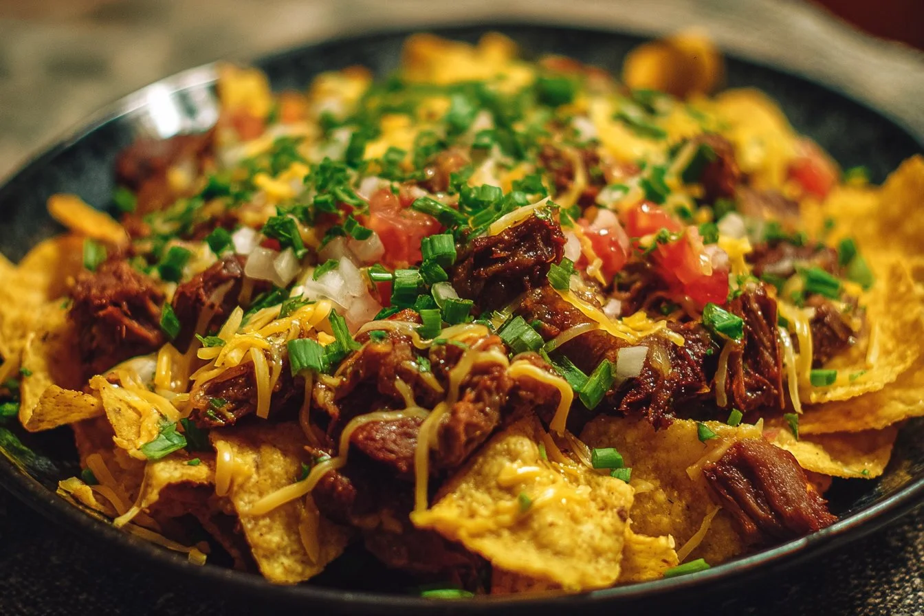 Delicious beef nachos topped with cheese, jalapeños, and salsa