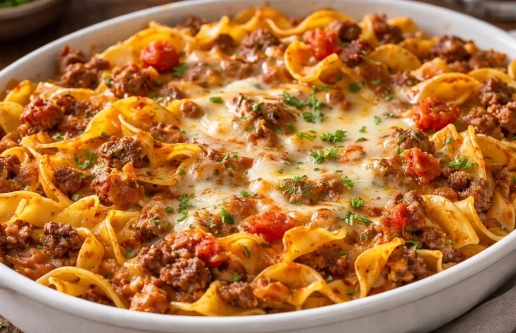 Delicious beef noodle casserole baked to perfection with melted cheese topping.