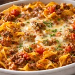Delicious beef noodle casserole baked to perfection with melted cheese topping.