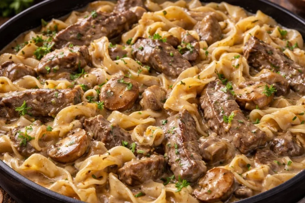 A bowl of savory beef noodles topped with herbs and spices