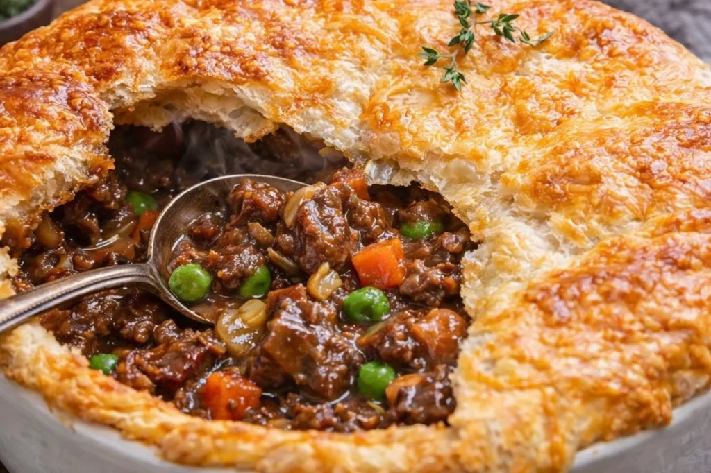 Delicious homemade beef pot pie with flaky crust and savory filling