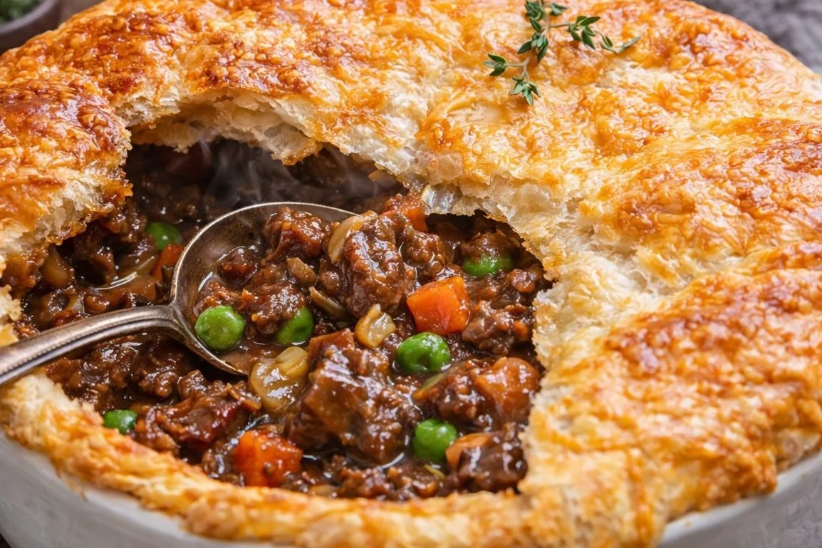 Delicious homemade beef pot pie with flaky crust and savory filling