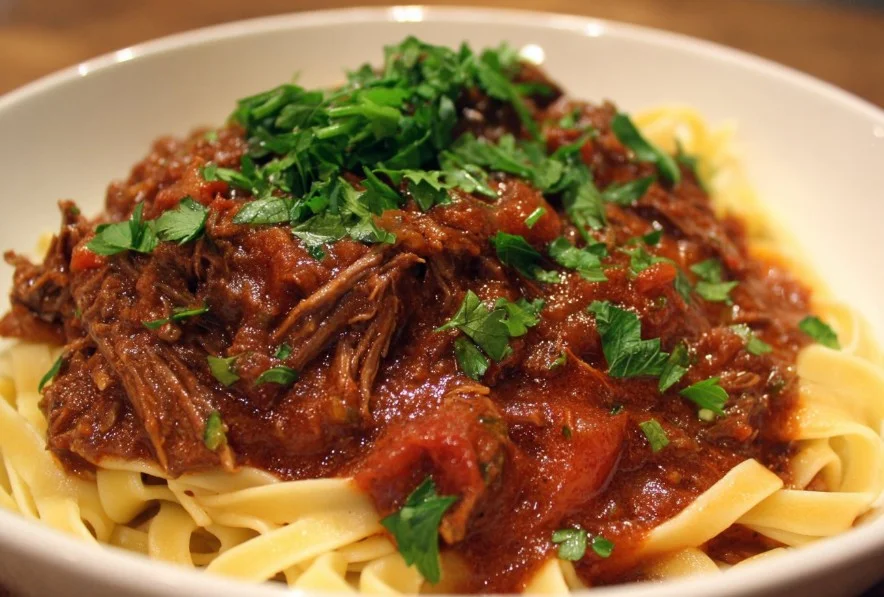 Delicious Beef Ragu served over pasta with rich sauce