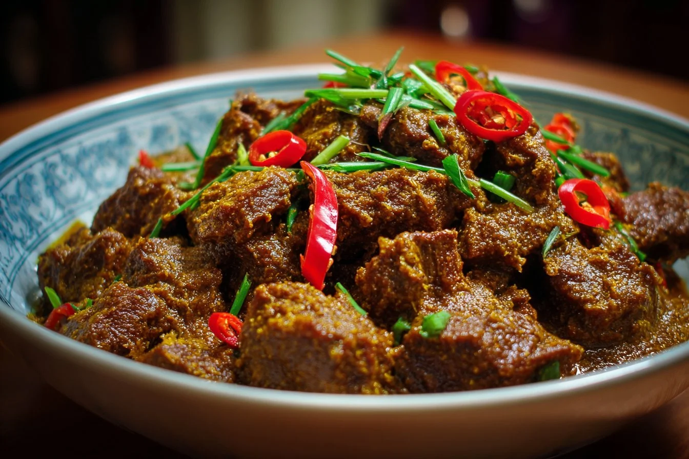Delicious Beef Rendang served with fragrant rice and spices.