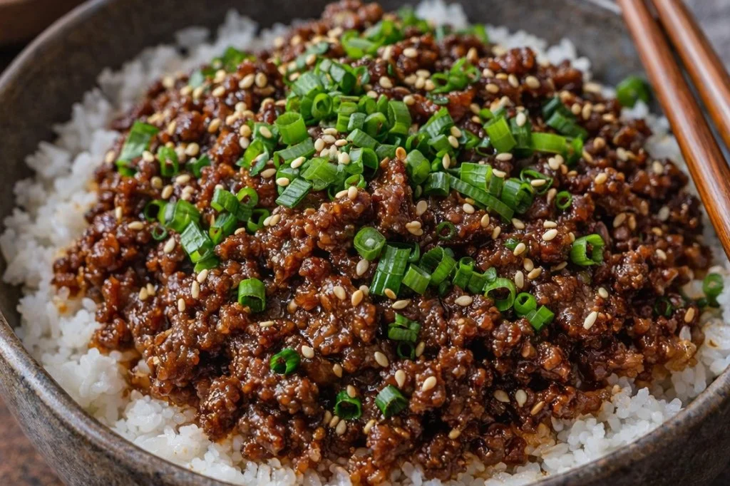 Delicious beef rice bowl with tender beef, vegetables, and savory sauce
