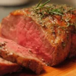 Juicy beef rump roast ready to be served with fresh herbs and vegetables.