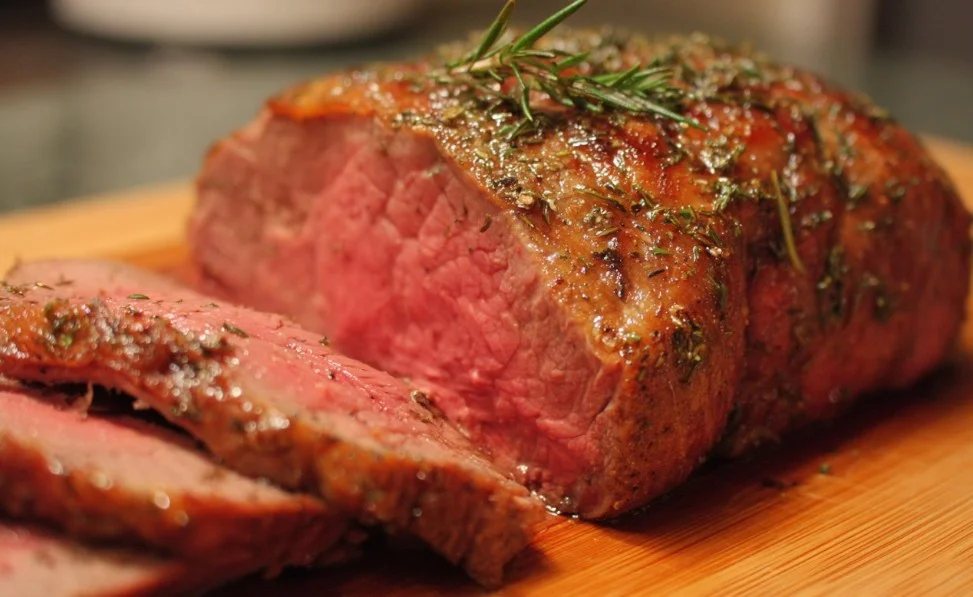 Juicy beef rump roast ready to be served with fresh herbs and vegetables.