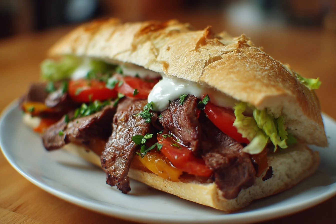 Delicious beef sandwich with fresh toppings and seasonings