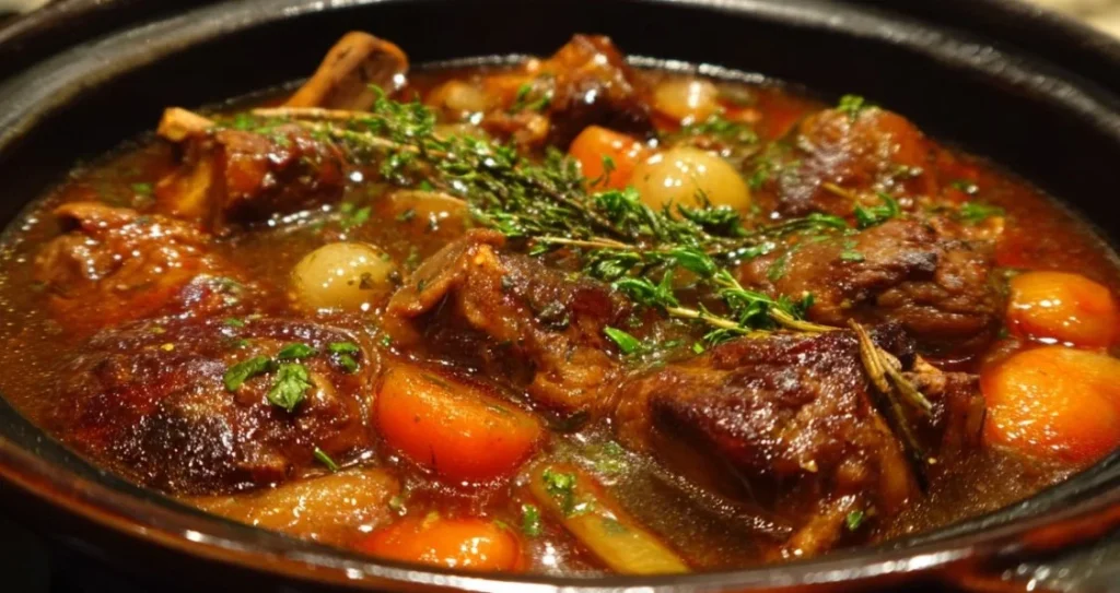 A bowl of hearty beef shank stew with vegetables and herbs.