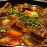 A bowl of hearty beef shank stew with vegetables and herbs.