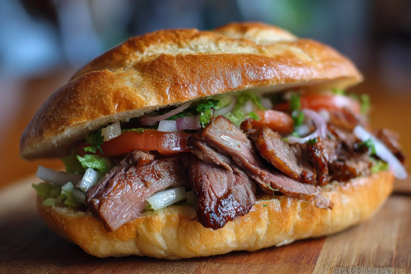Delicious beef shaved steak sandwich with toppings and fresh ingredients