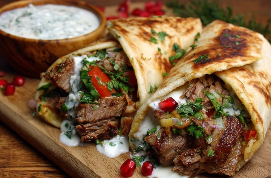 Delicious Beef Shawarma wrap with fresh vegetables and flavorful sauce
