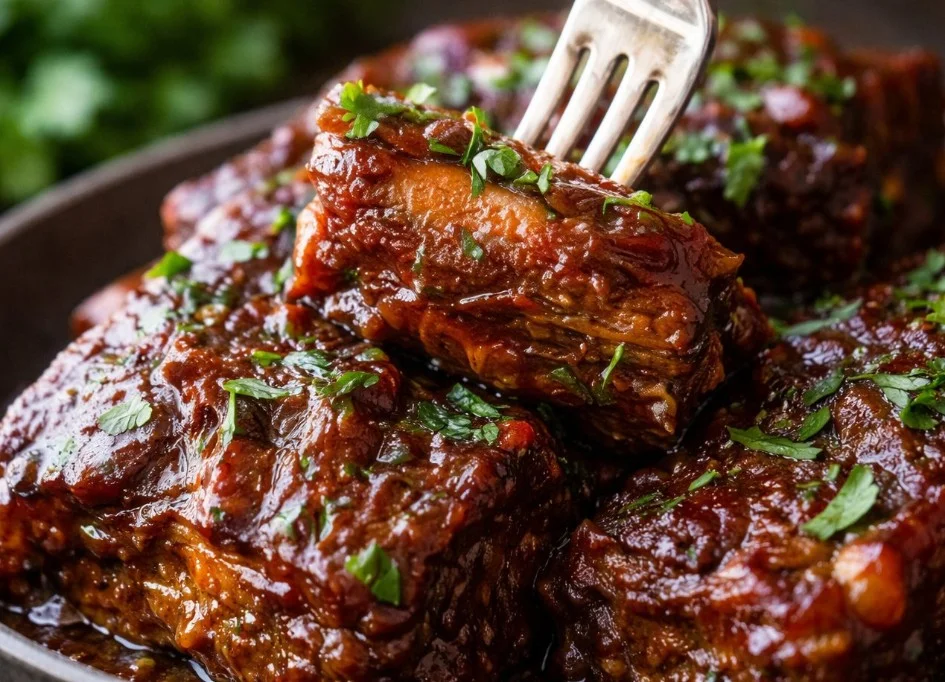 Delicious beef short ribs cooked in an Instant Pot.