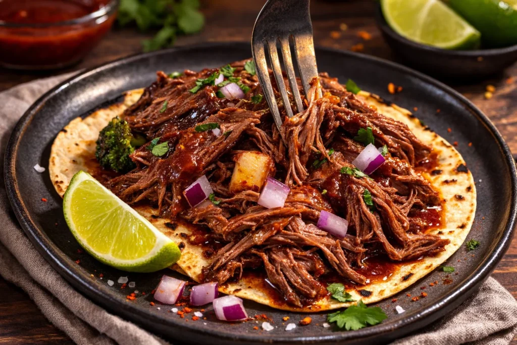 Delicious beef short ribs cooked in the oven, garnished with herbs.