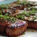 Juicy beef sirloin steak grilled to perfection on a plate with seasoning.